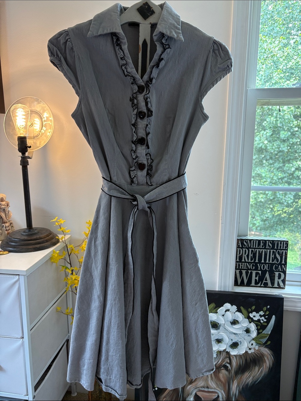 Gray Ruffle-Front Collared Dress with Waist Tie